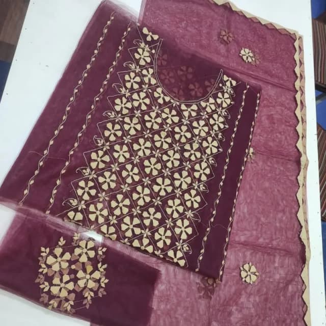 Aura-Almora 2Pc Hand Applique Work Suit  Soft Breeze Net Shirt & Dupatta | Elegant Party Wear for Women