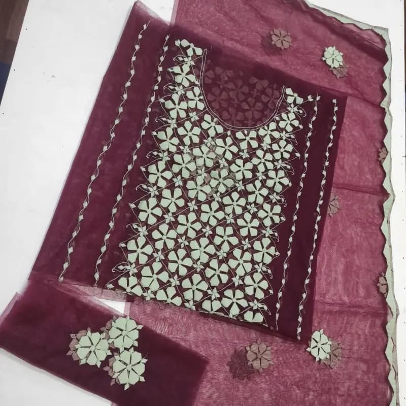 Aura-Almora 2Pc Hand Applique Work Suit  Soft Breeze Net Shirt & Dupatta | Elegant Party Wear for Women