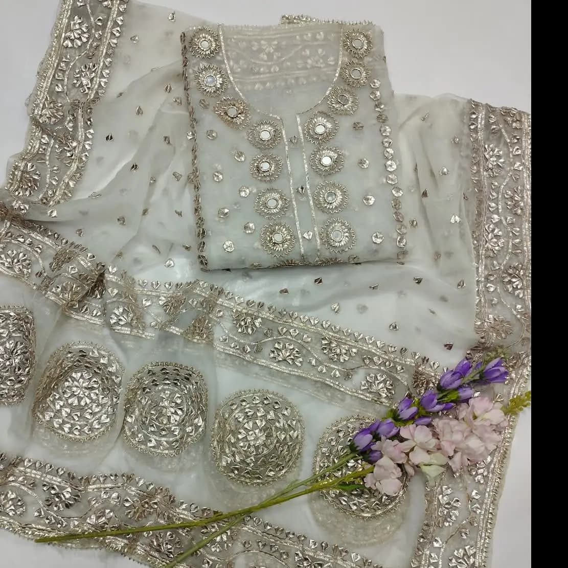 Rose Gold Gotta & Mirror Work 2PC  Pure Organza Luxury Edition