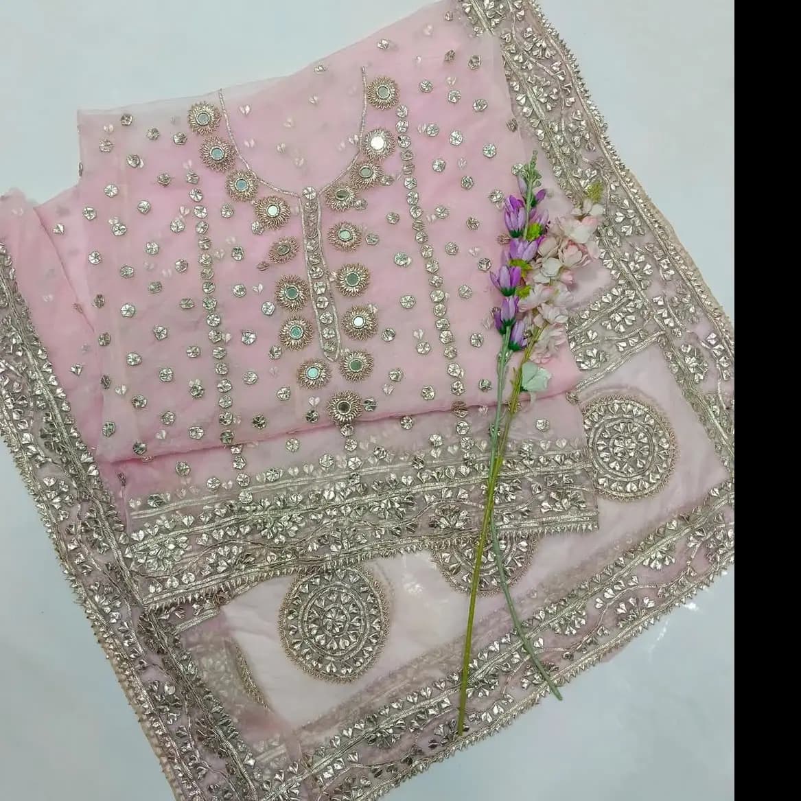 Rose Gold Gotta & Mirror Work 2PC  Pure Organza Luxury Edition