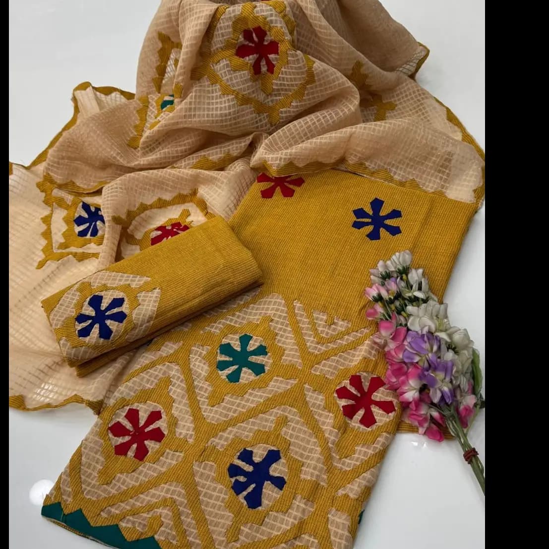 Hand Appliqu 3PC Suit  Pure Lawn with Khaadi Net Dupatta