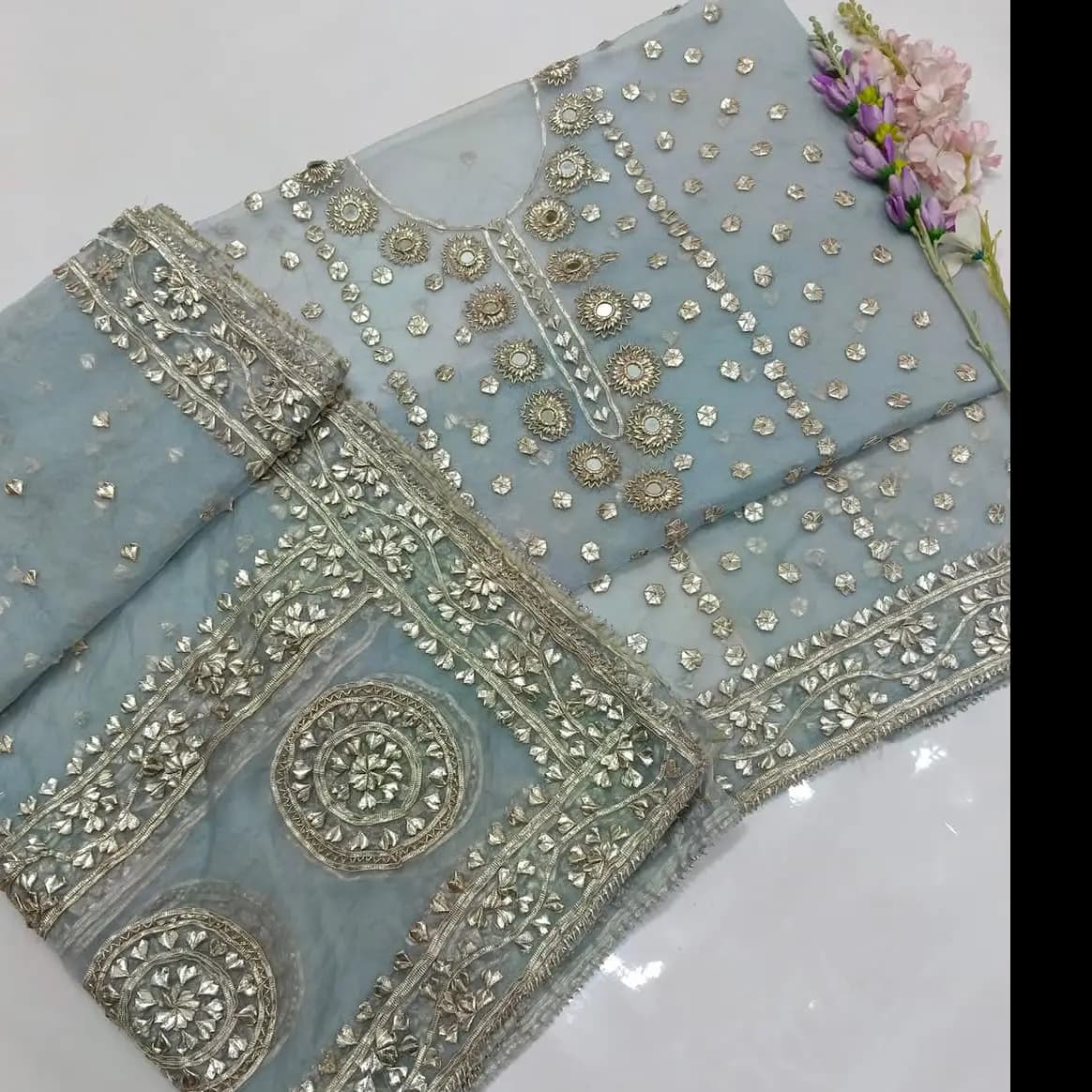 Rose Gold Gotta & Mirror Work 2PC  Pure Organza Luxury Edition