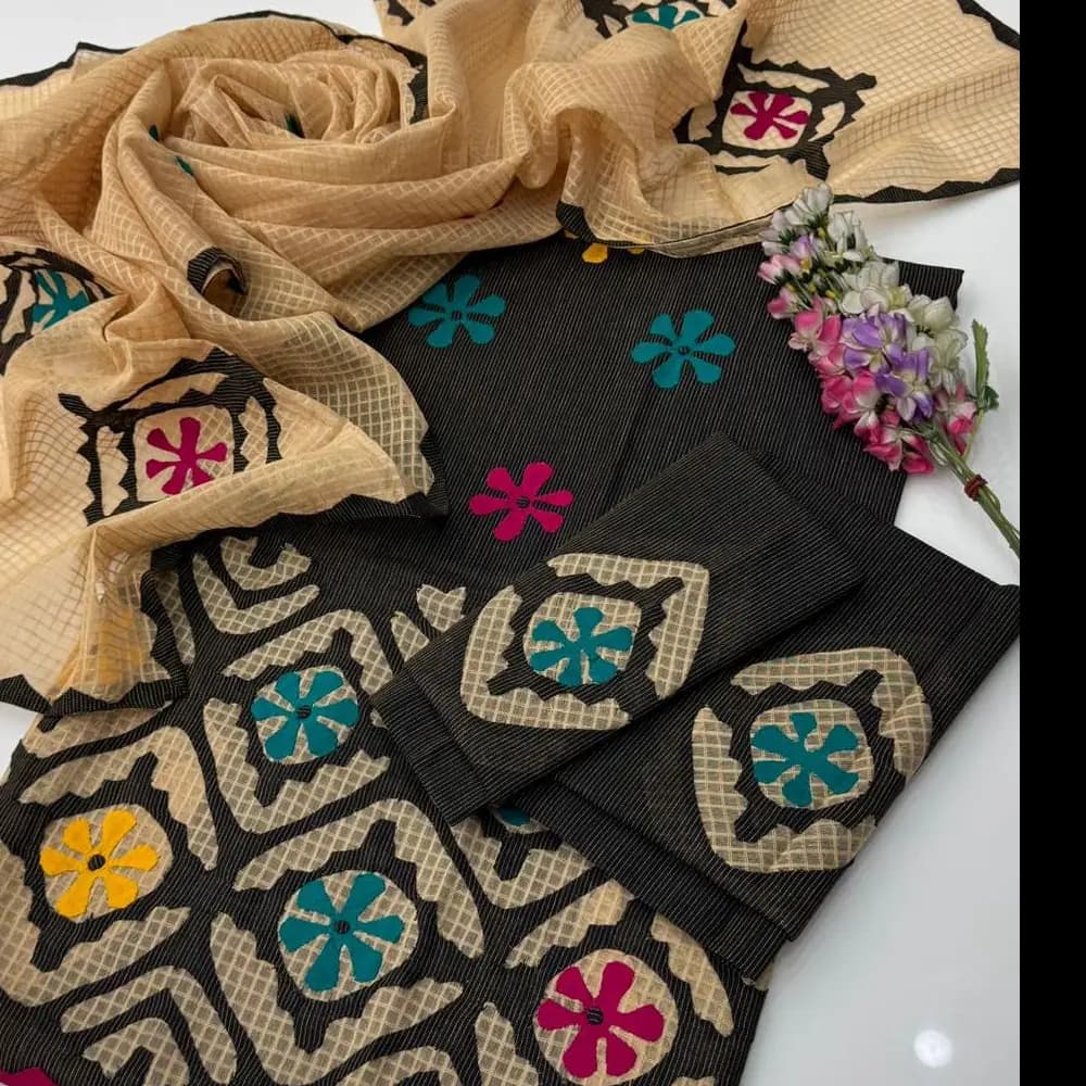 Hand Appliqu 3PC Suit  Pure Lawn with Khaadi Net Dupatta