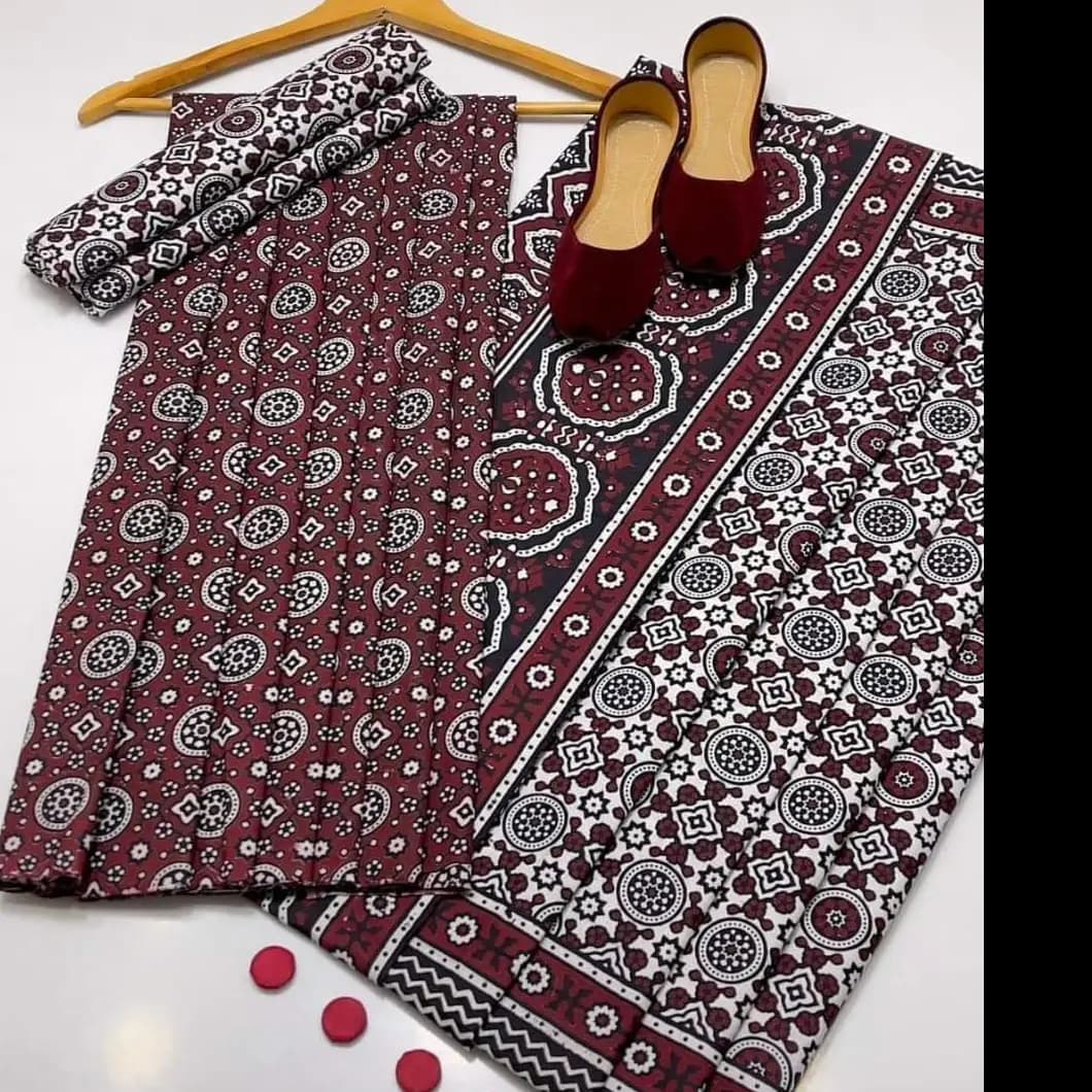 Premium Handmade Ajrak 3PC Cotton Suit  Heritage Elegance