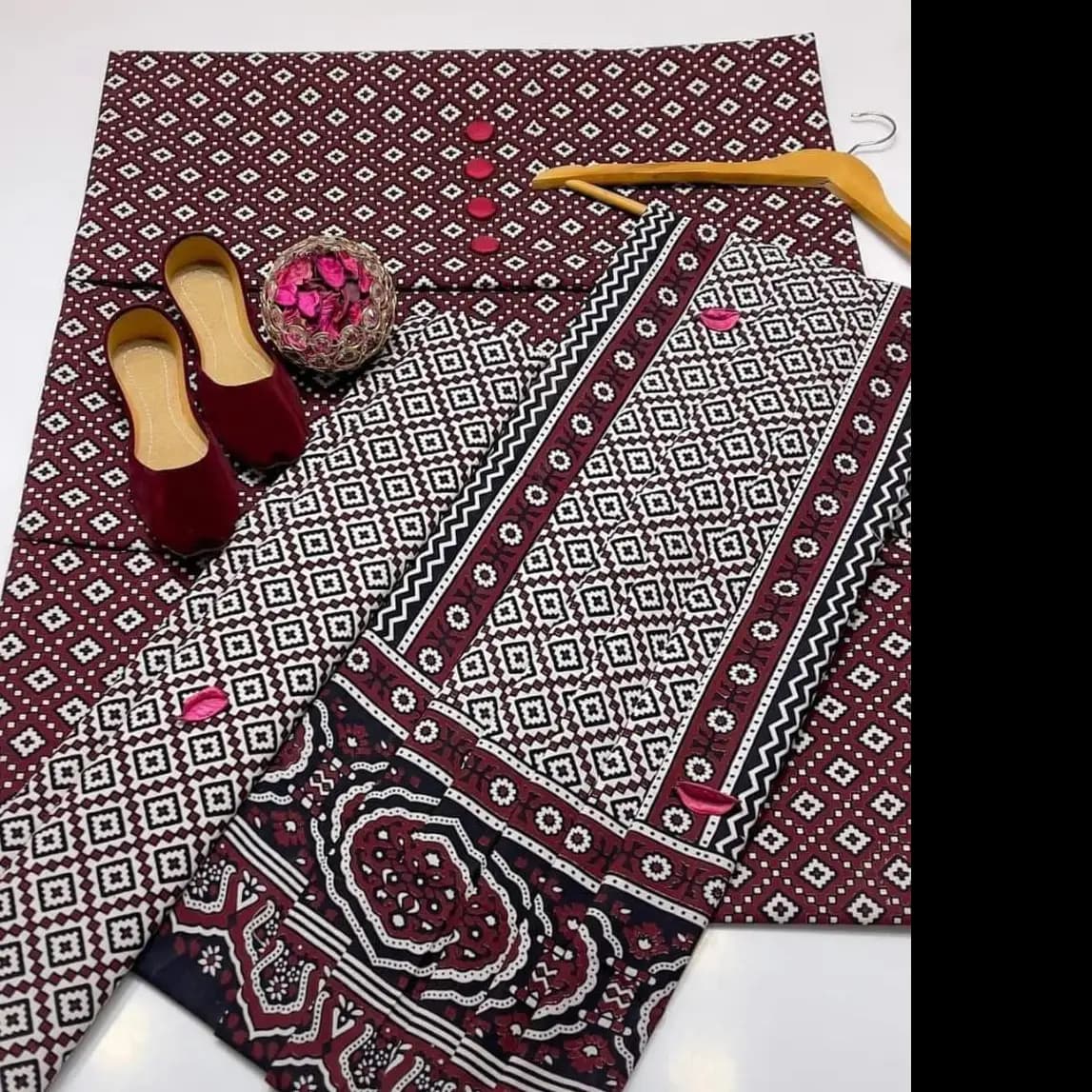 Premium Handmade Ajrak 3PC Cotton Suit  Heritage Elegance