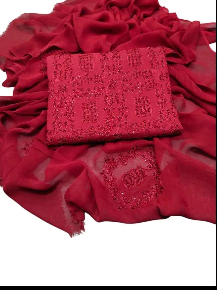 Cut-Dana Hand Embroidered 3Pc Unstitched Lawn Suit with Chiffon Dupatta