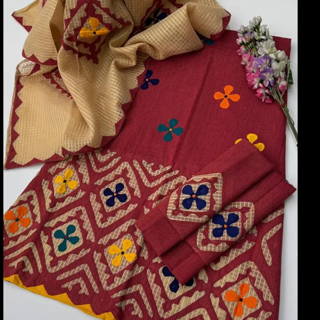 Hand Appliqu 3PC Suit  Pure Lawn with Khaadi Net Dupatta