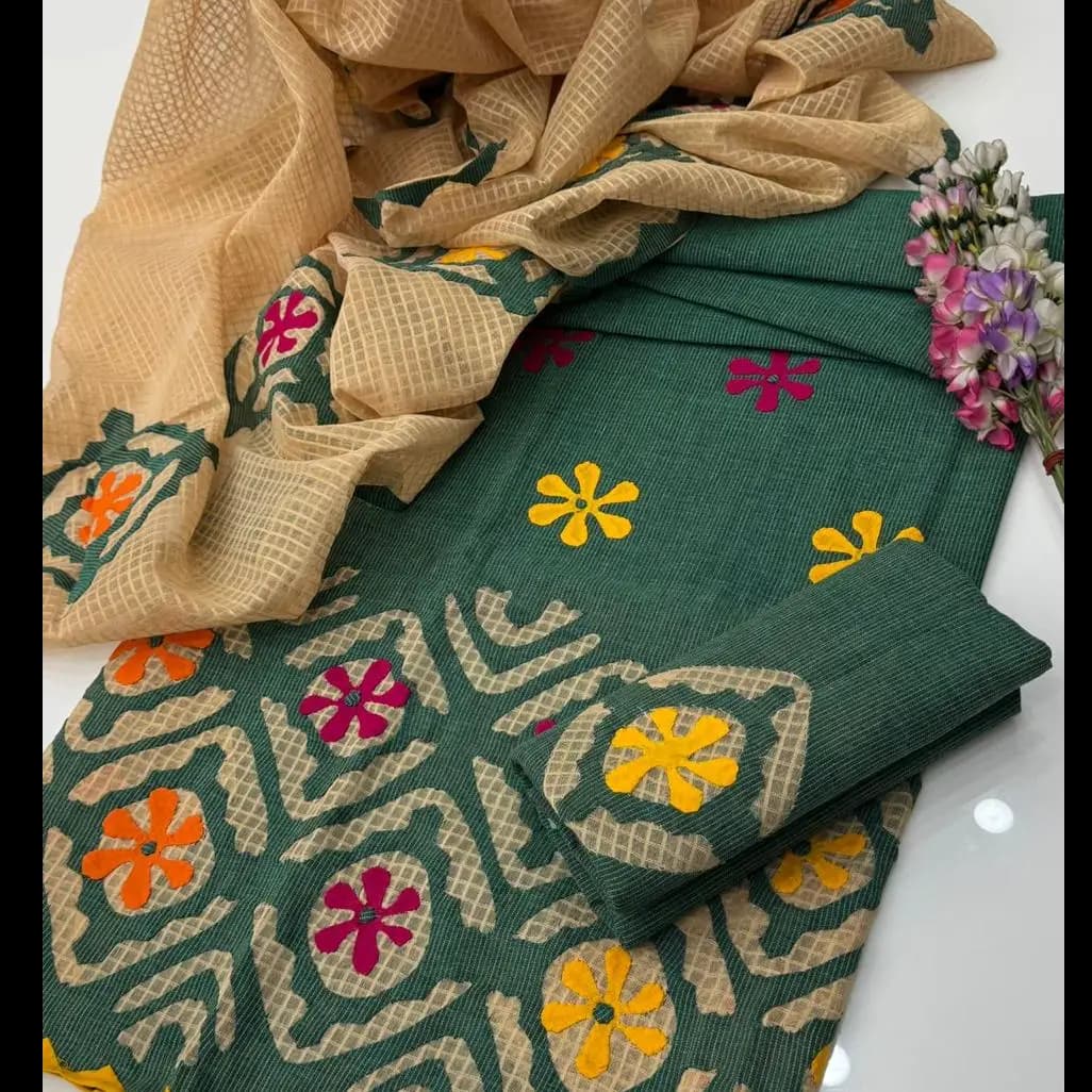 Hand Appliqu 3PC Suit  Pure Lawn with Khaadi Net Dupatta