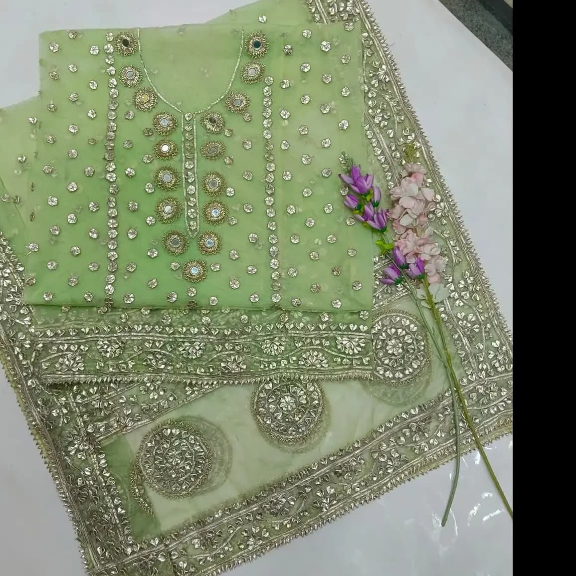 Rose Gold Gotta & Mirror Work 2PC  Pure Organza Luxury Edition